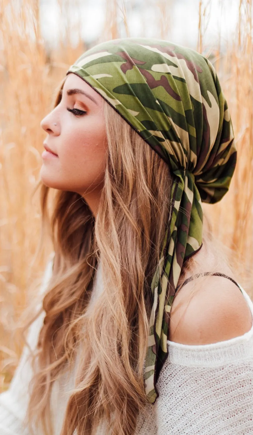 Army Camouflage Hat | Best Lightweight Fashion Hair Wrap Tichel Turban Hijab | Adjustable Pre-Tied Head Scarf | Fashion Hair Scarf | Made in USA