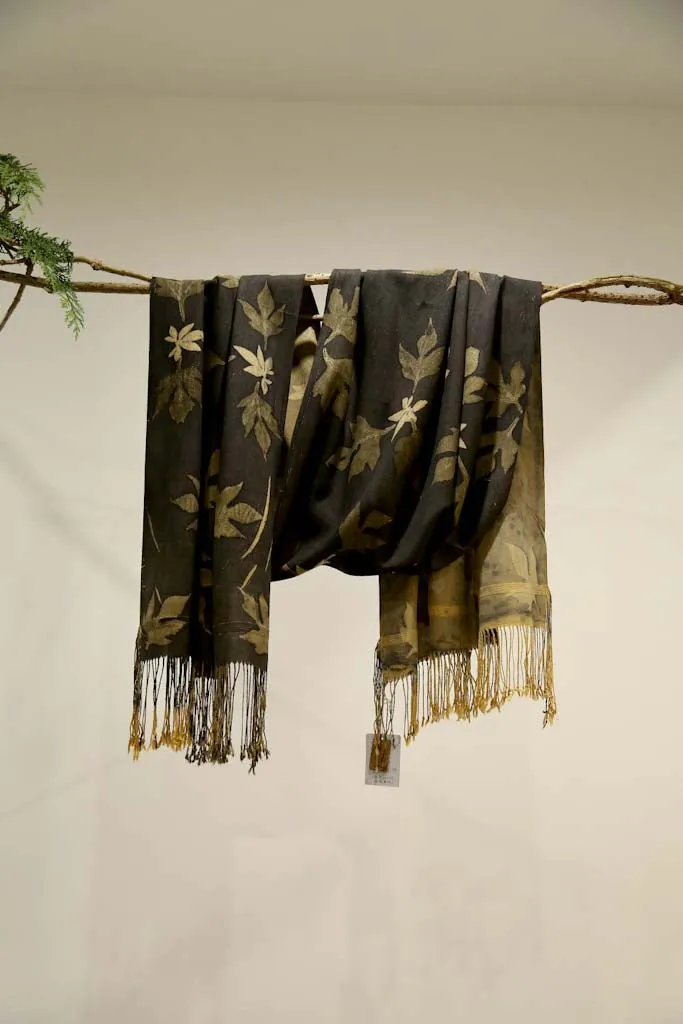 Black Botanical Print Scarf | Indigenous Cotton | Handwoven & Naturally Dyed - 0011C-SY-HT