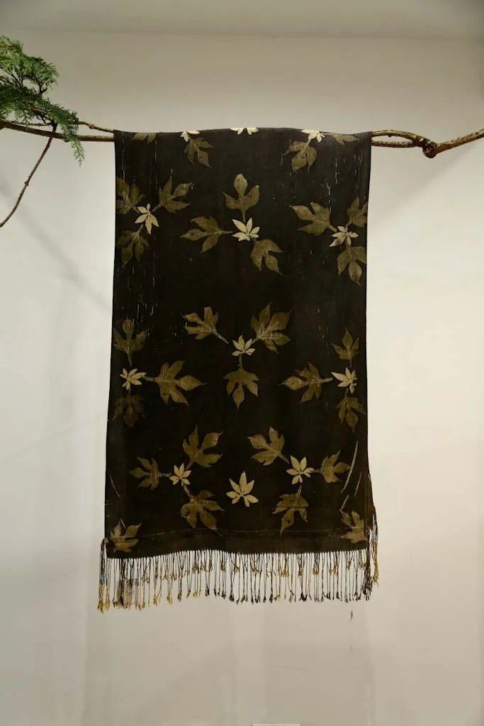 Black Botanical Print Scarf | Indigenous Cotton | Handwoven & Naturally Dyed - 0011C-SY-HT