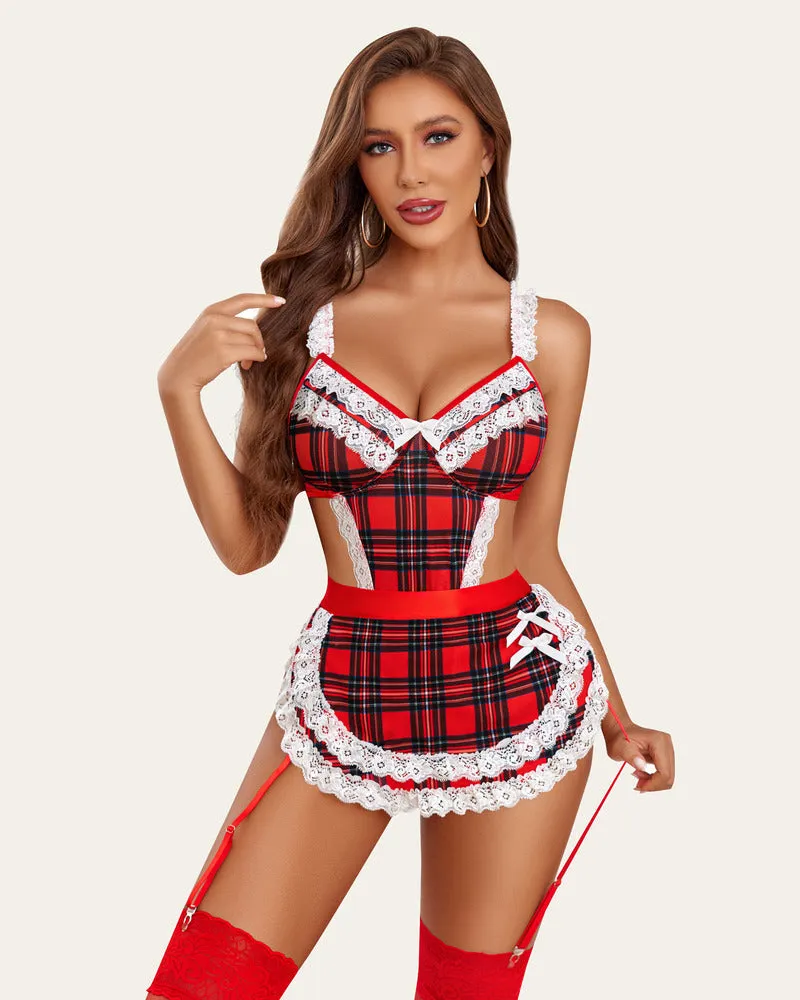 Cosplay Maid Outfit Plaid Lace Teddy