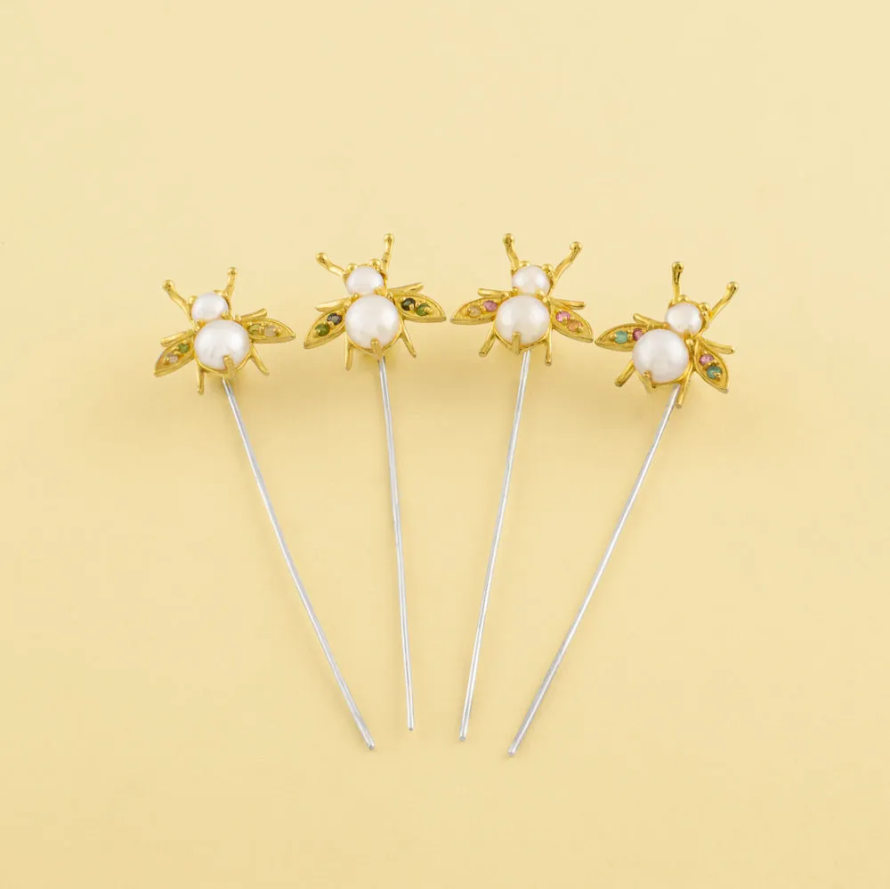 Jeweled Cornu Stick Pin - Pearl & Tourmaline