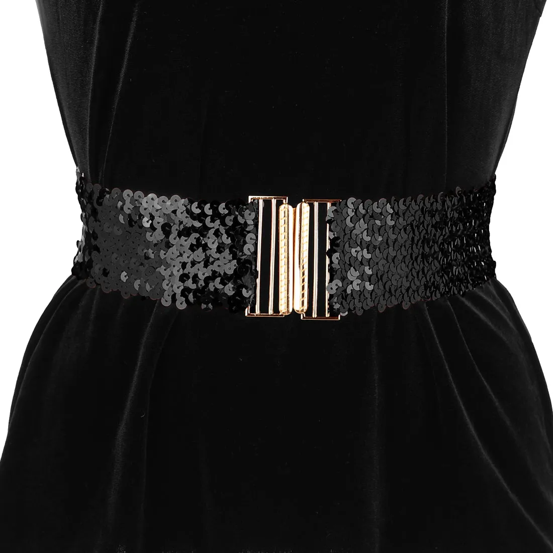 Ladies Shinny Wide Waist Belts Interlock Buckles Sequins Decor Stretchy Belts for Women 2PCS