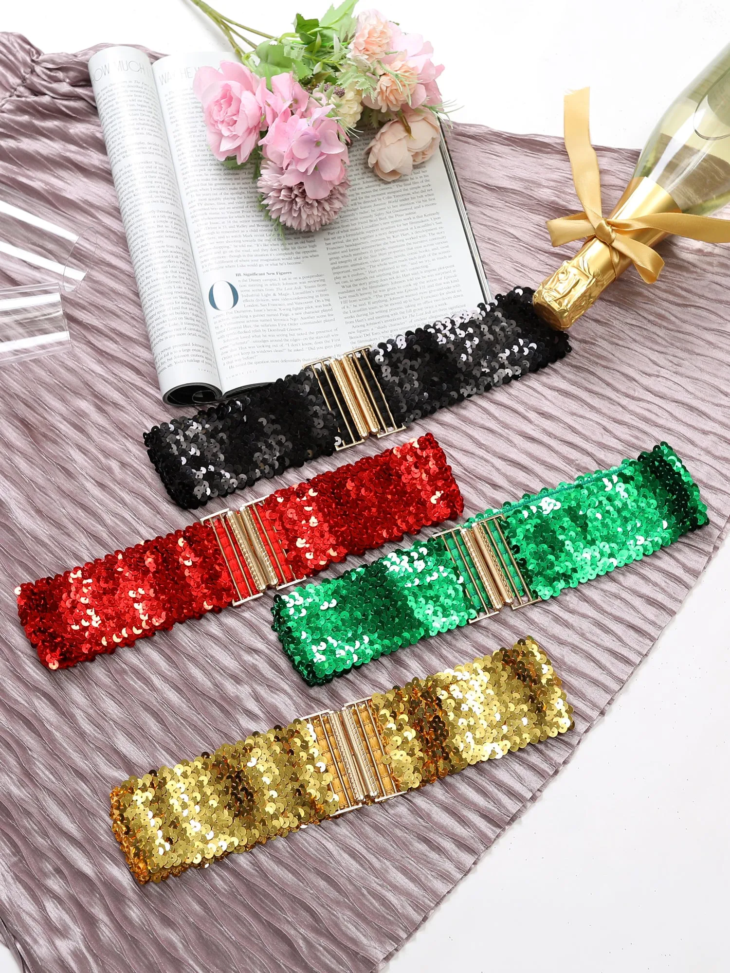 Ladies Shinny Wide Waist Belts Interlock Buckles Sequins Decor Stretchy Belts for Women 2PCS