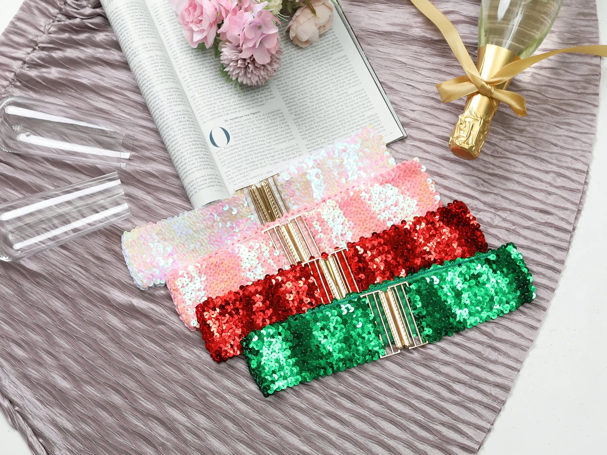 Ladies Shinny Wide Waist Belts Interlock Buckles Sequins Decor Stretchy Belts for Women 2PCS