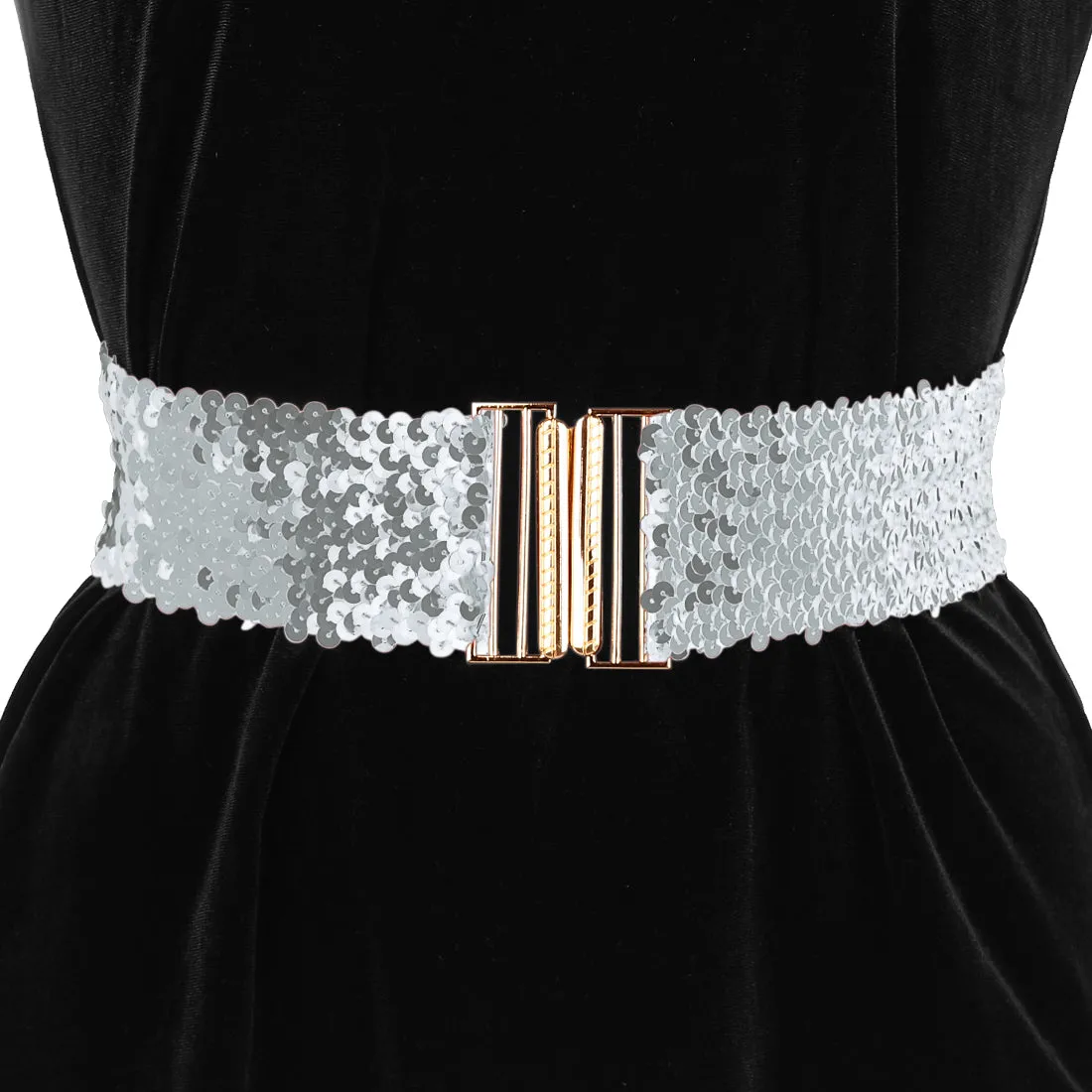 Ladies Shinny Wide Waist Belts Interlock Buckles Sequins Decor Stretchy Belts for Women 2PCS