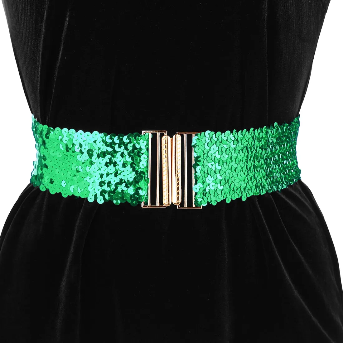 Ladies Shinny Wide Waist Belts Interlock Buckles Sequins Decor Stretchy Belts for Women 2PCS