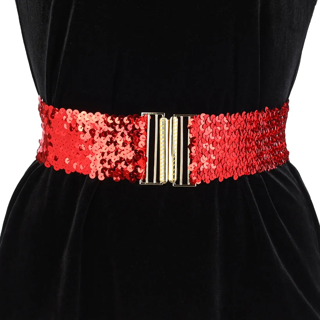 Ladies Shinny Wide Waist Belts Interlock Buckles Sequins Decor Stretchy Belts for Women 2PCS