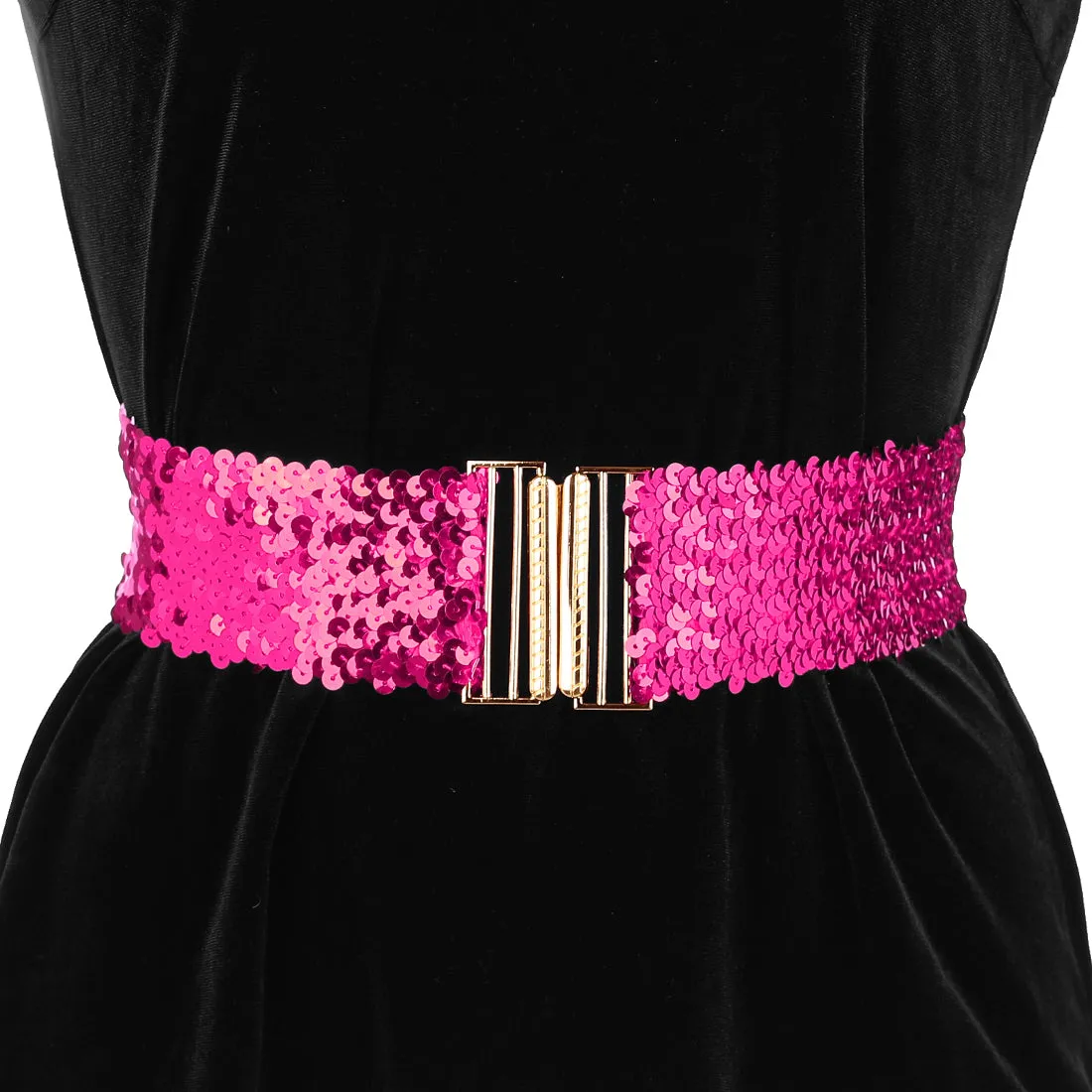 Ladies Shinny Wide Waist Belts Interlock Buckles Sequins Decor Stretchy Belts for Women 2PCS