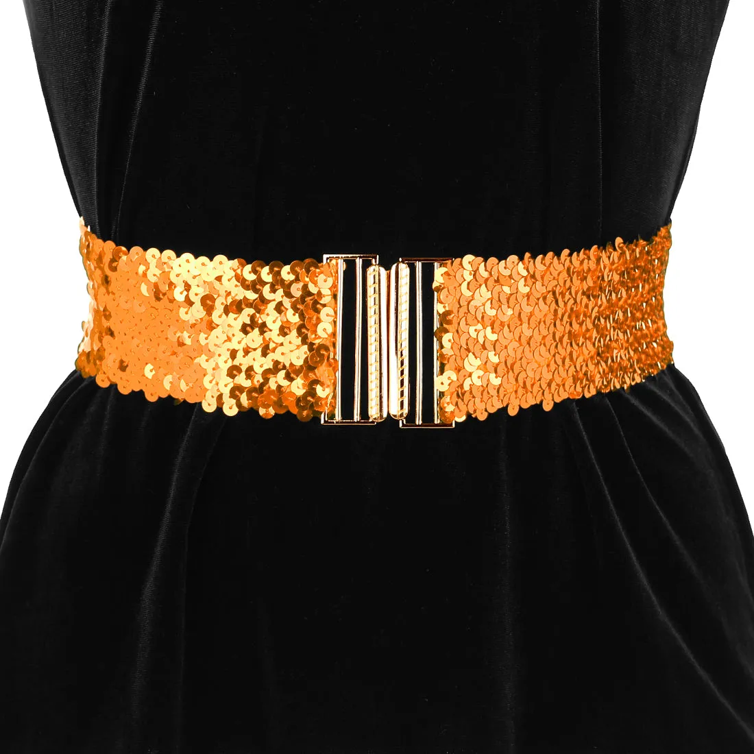 Ladies Shinny Wide Waist Belts Interlock Buckles Sequins Decor Stretchy Belts for Women 2PCS