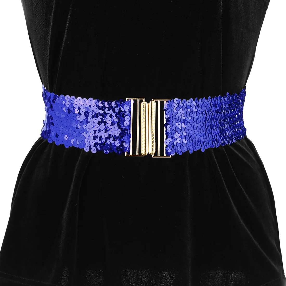 Ladies Shinny Wide Waist Belts Interlock Buckles Sequins Decor Stretchy Belts for Women 2PCS