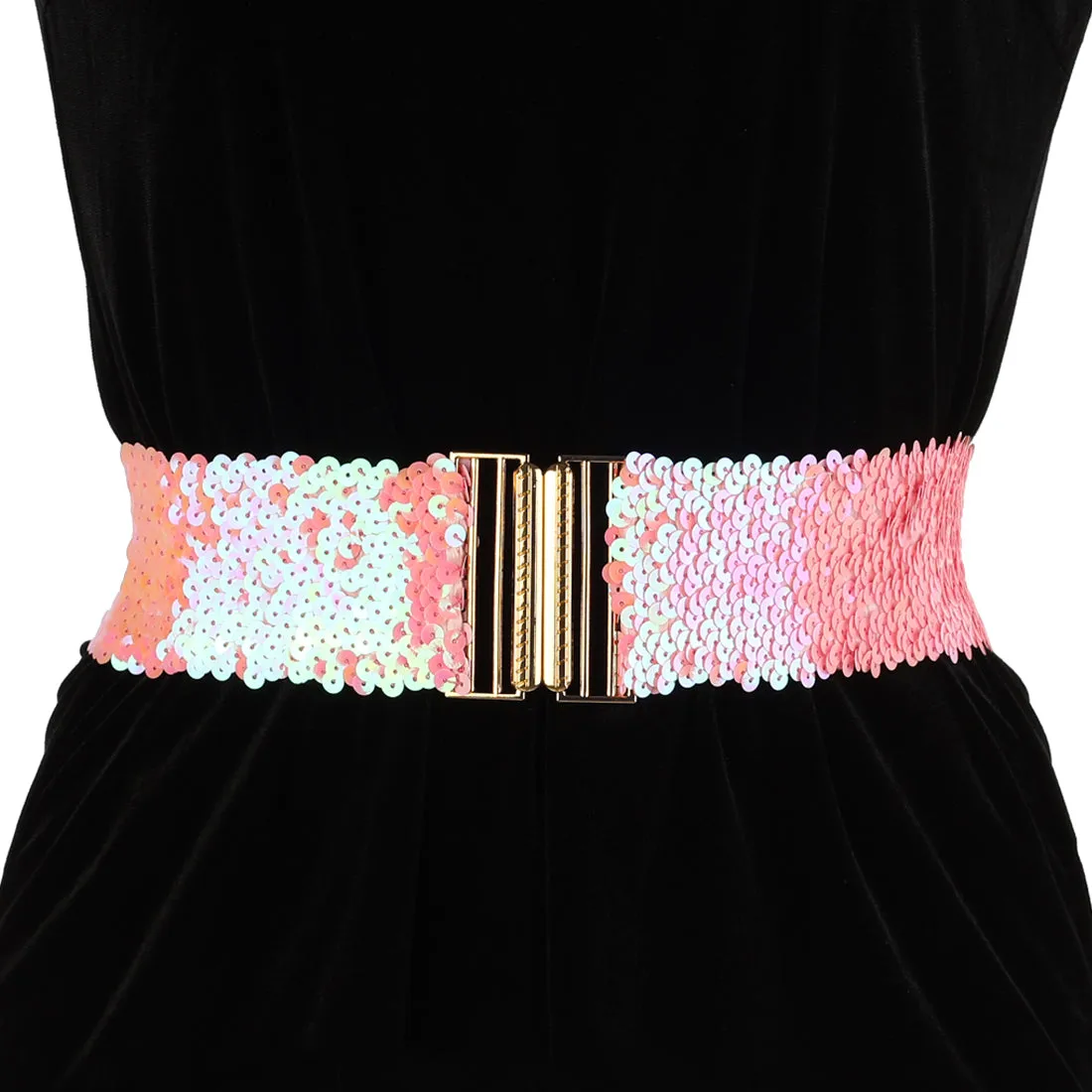 Ladies Shinny Wide Waist Belts Interlock Buckles Sequins Decor Stretchy Belts for Women 2PCS