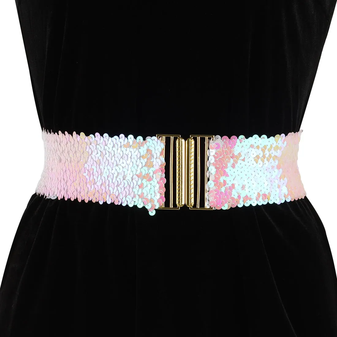 Ladies Shinny Wide Waist Belts Interlock Buckles Sequins Decor Stretchy Belts for Women 2PCS