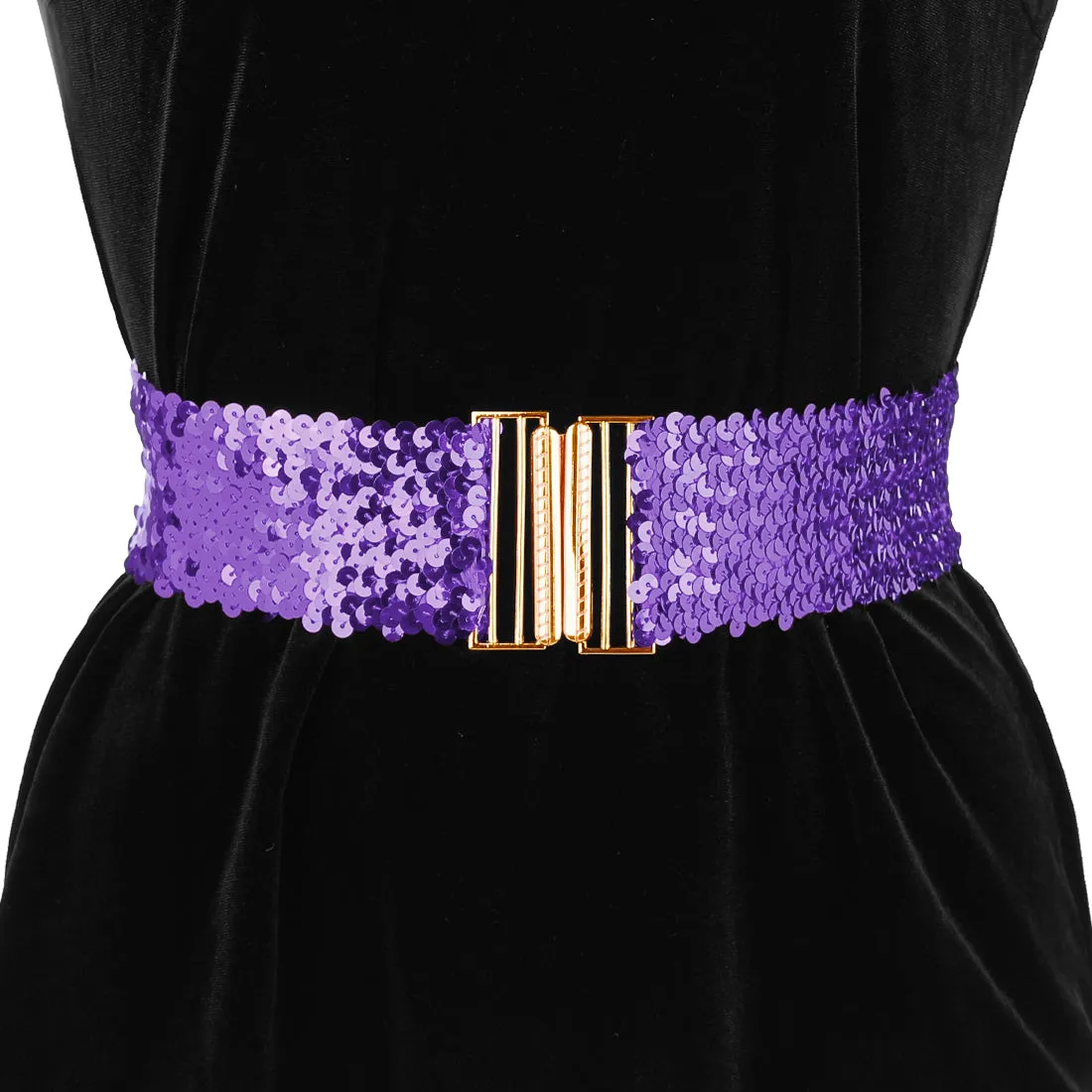 Ladies Shinny Wide Waist Belts Interlock Buckles Sequins Decor Stretchy Belts for Women 2PCS