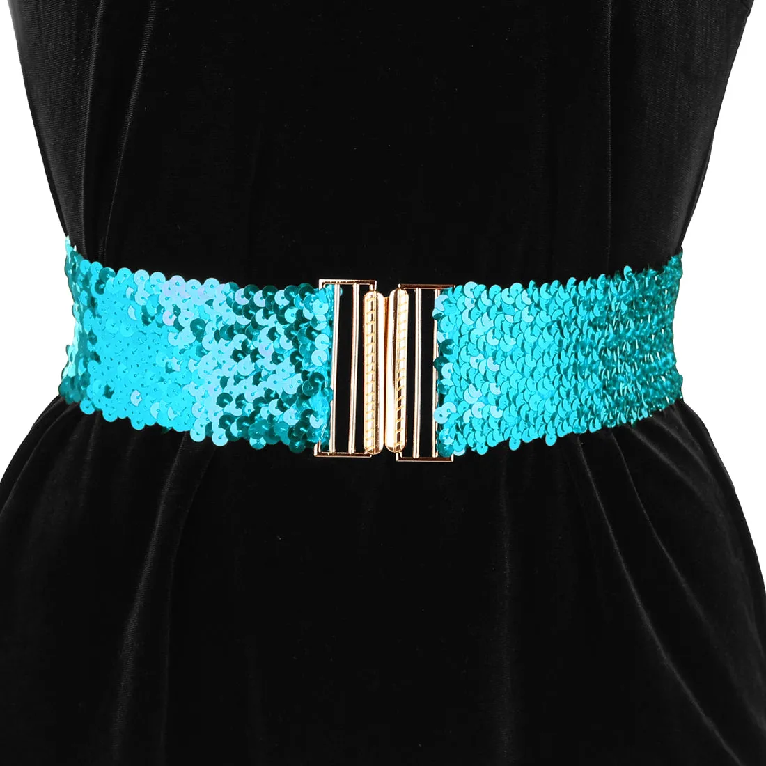 Ladies Shinny Wide Waist Belts Interlock Buckles Sequins Decor Stretchy Belts for Women 2PCS