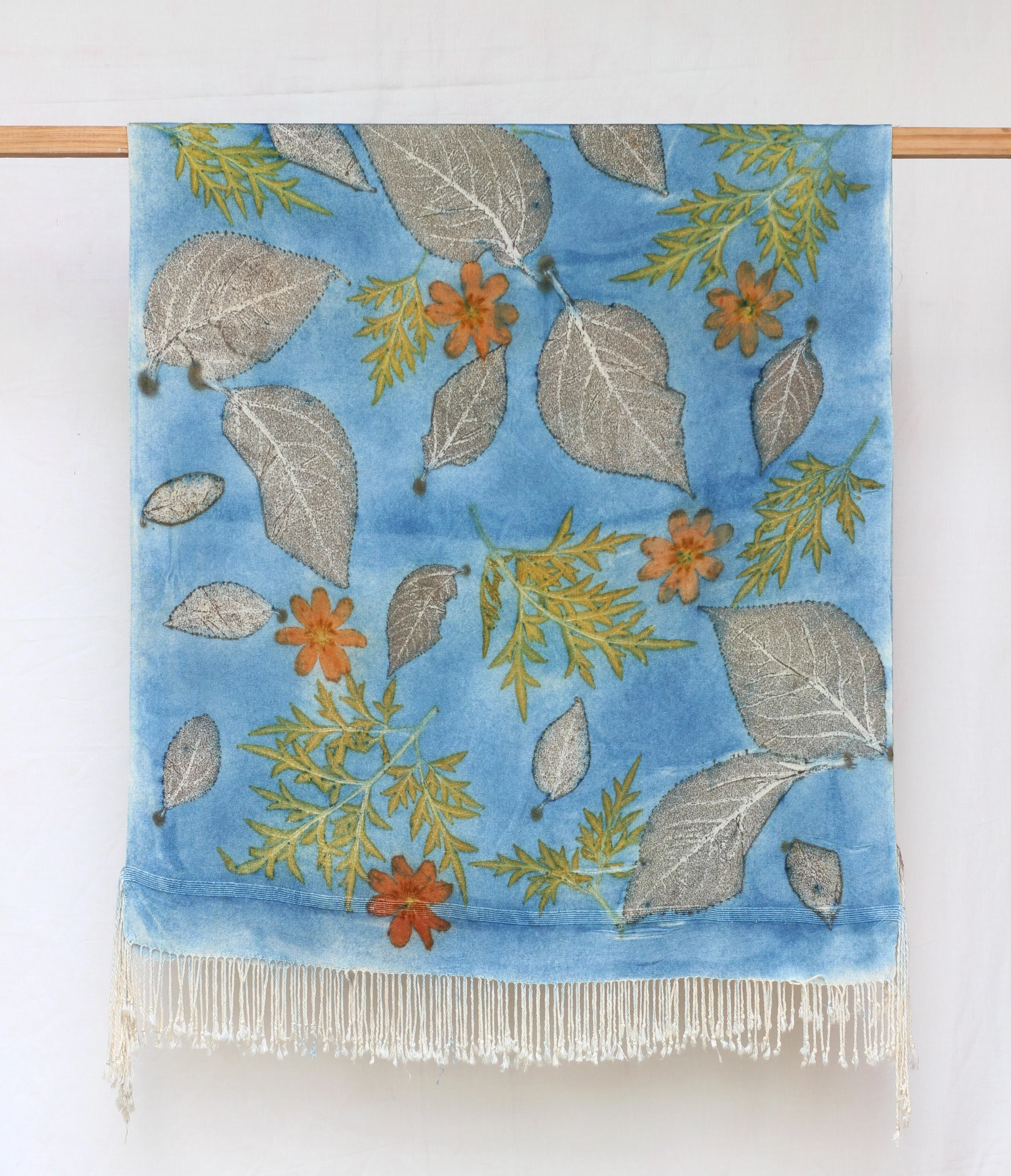 Light Blue Botanical Print Scarf | Indigenous Cotton | Handwoven & Naturally Dyed - 0014A-SY-HT