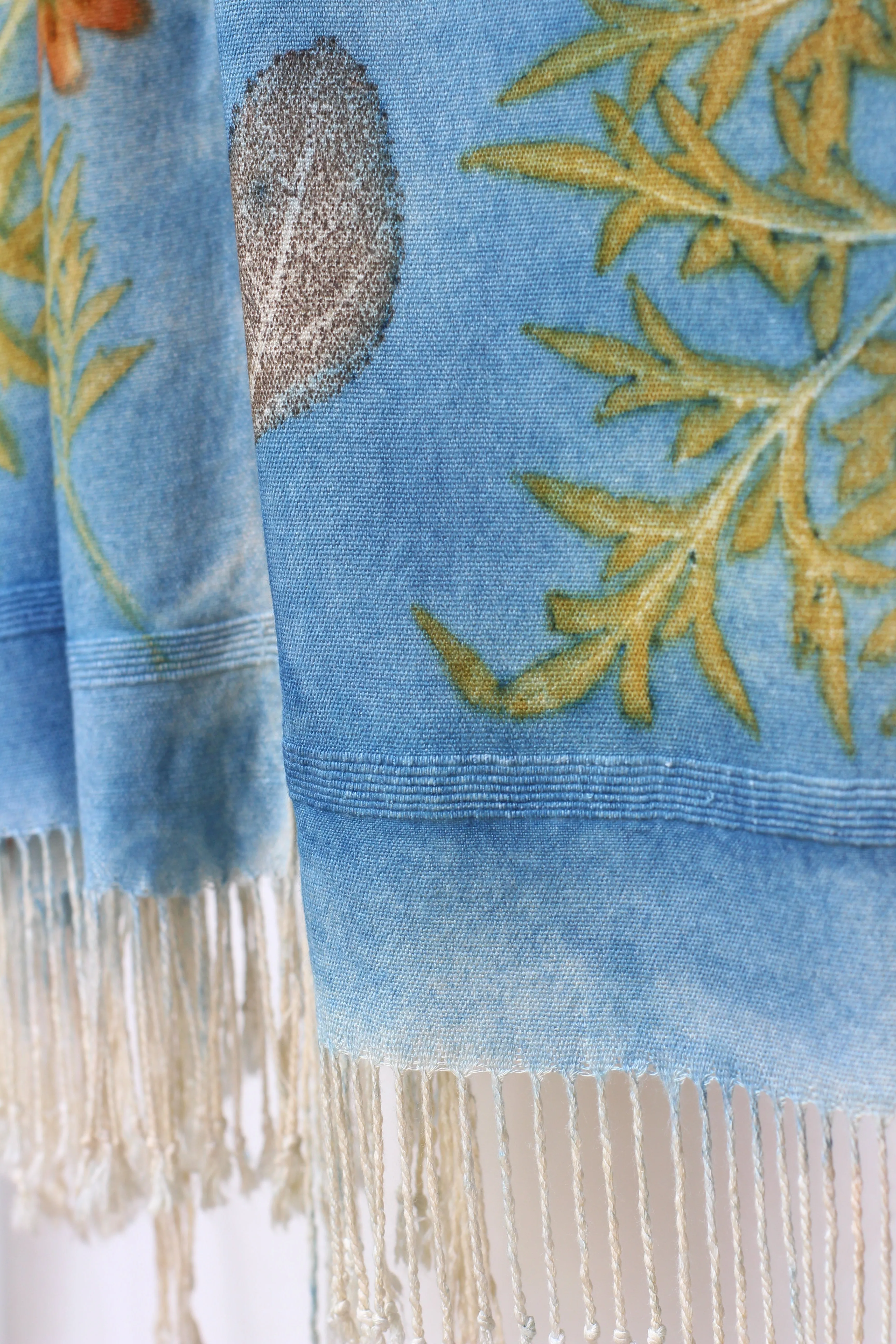 Light Blue Botanical Print Scarf | Indigenous Cotton | Handwoven & Naturally Dyed - 0014A-SY-HT