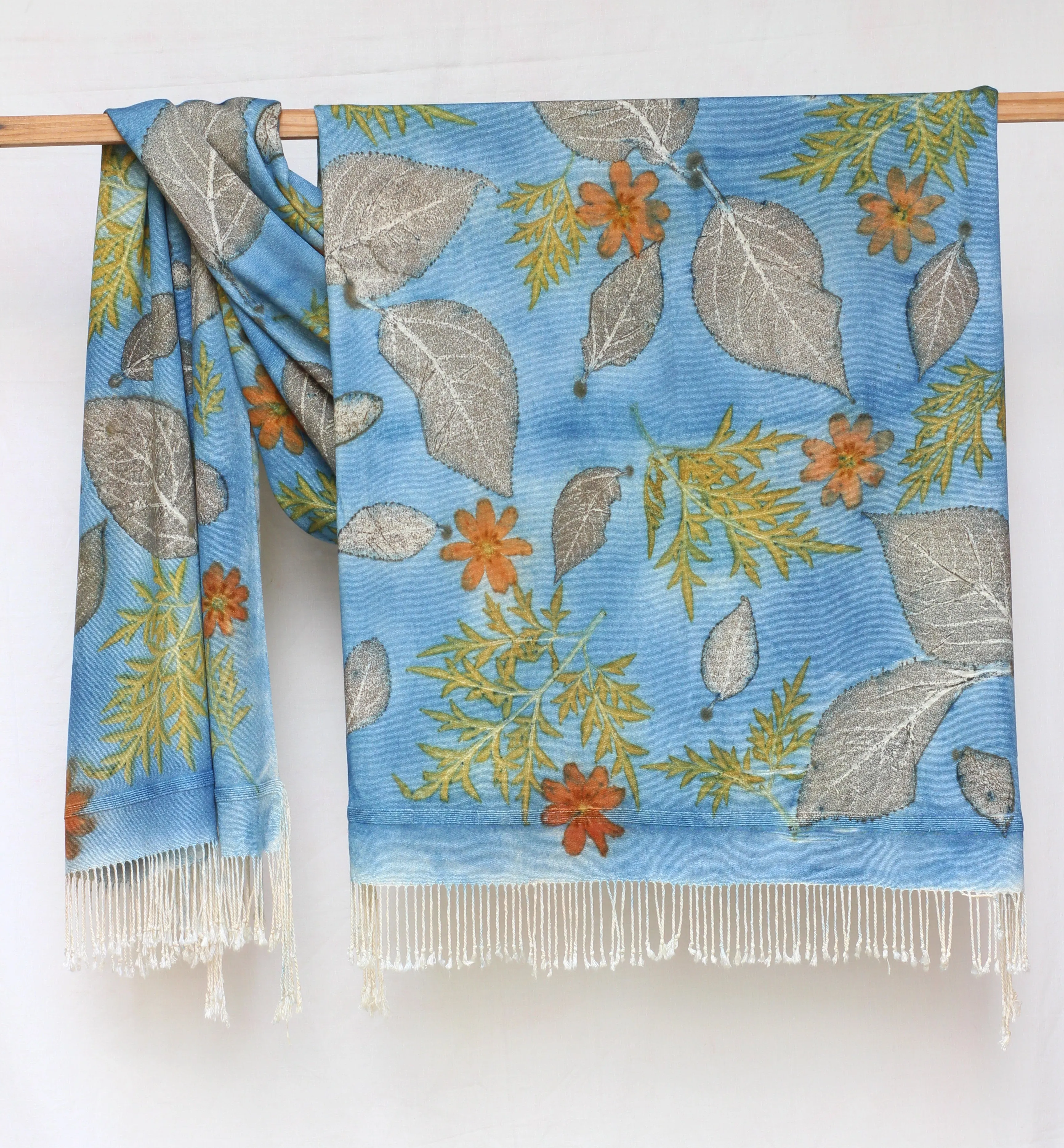 Light Blue Botanical Print Scarf | Indigenous Cotton | Handwoven & Naturally Dyed - 0014A-SY-HT