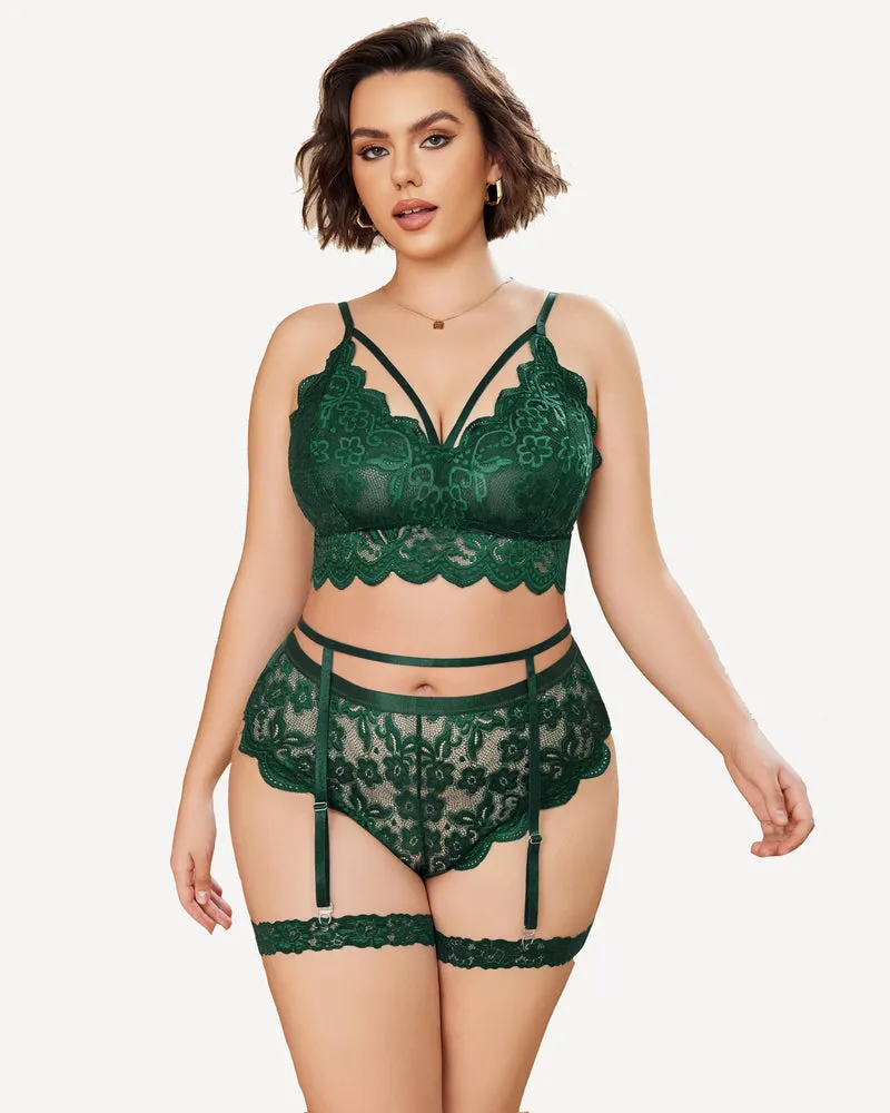 Plus Size Lace Trim Bra Panties Set