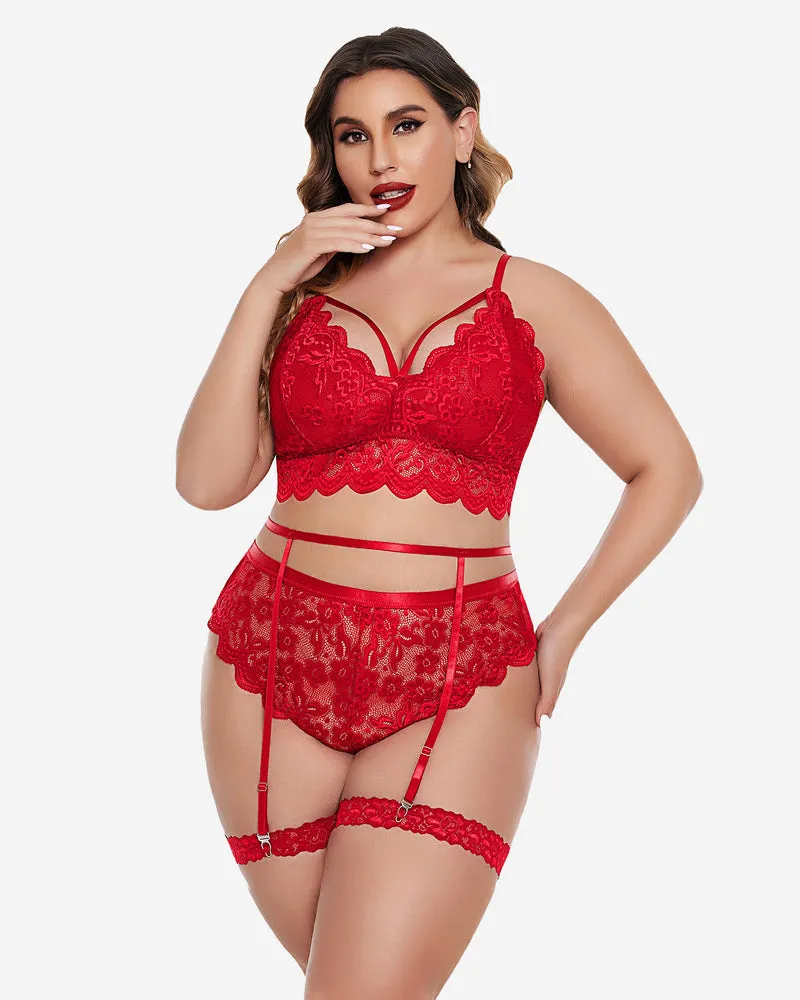 Plus Size Lace Trim Bra Panties Set