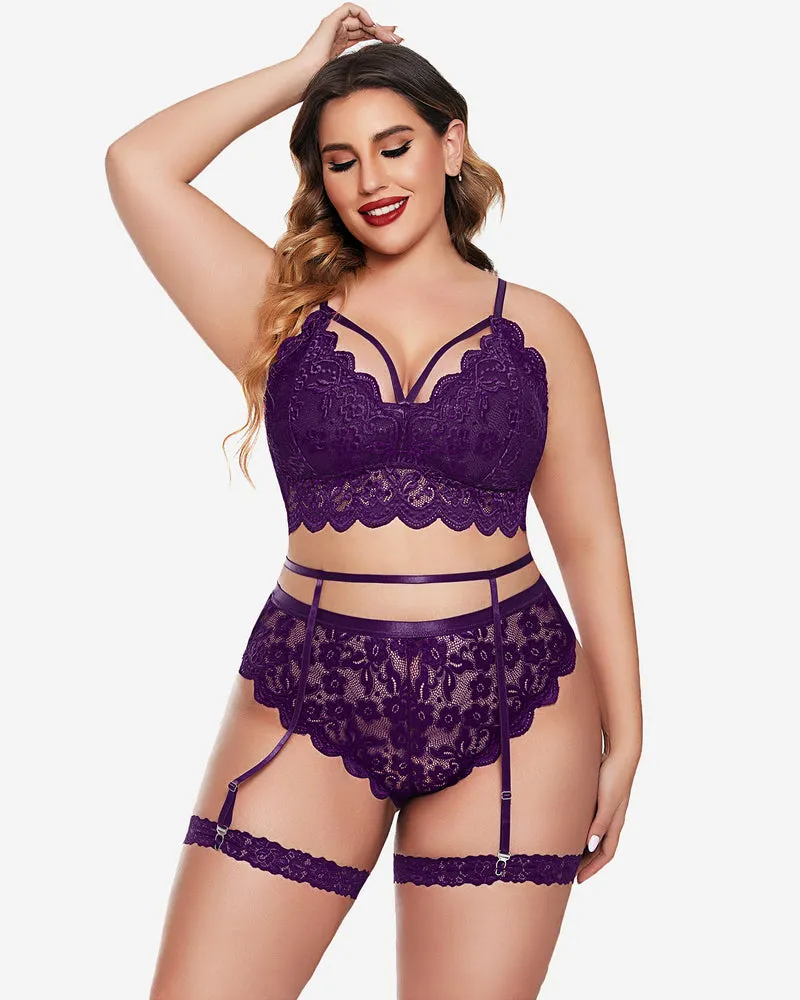 Plus Size Lace Trim Bra Panties Set