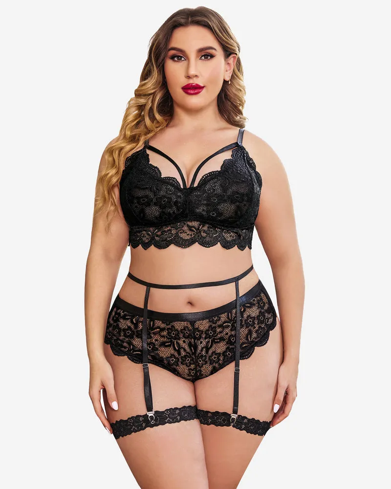 Plus Size Lace Trim Bra Panties Set