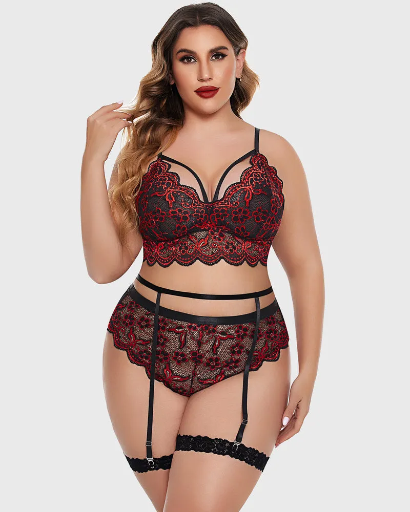 Plus Size Lace Trim Bra Panties Set