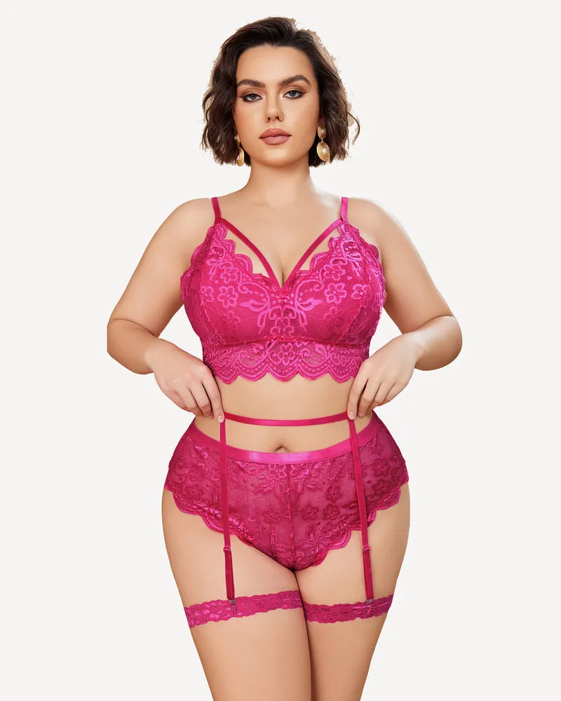 Plus Size Lace Trim Bra Panties Set