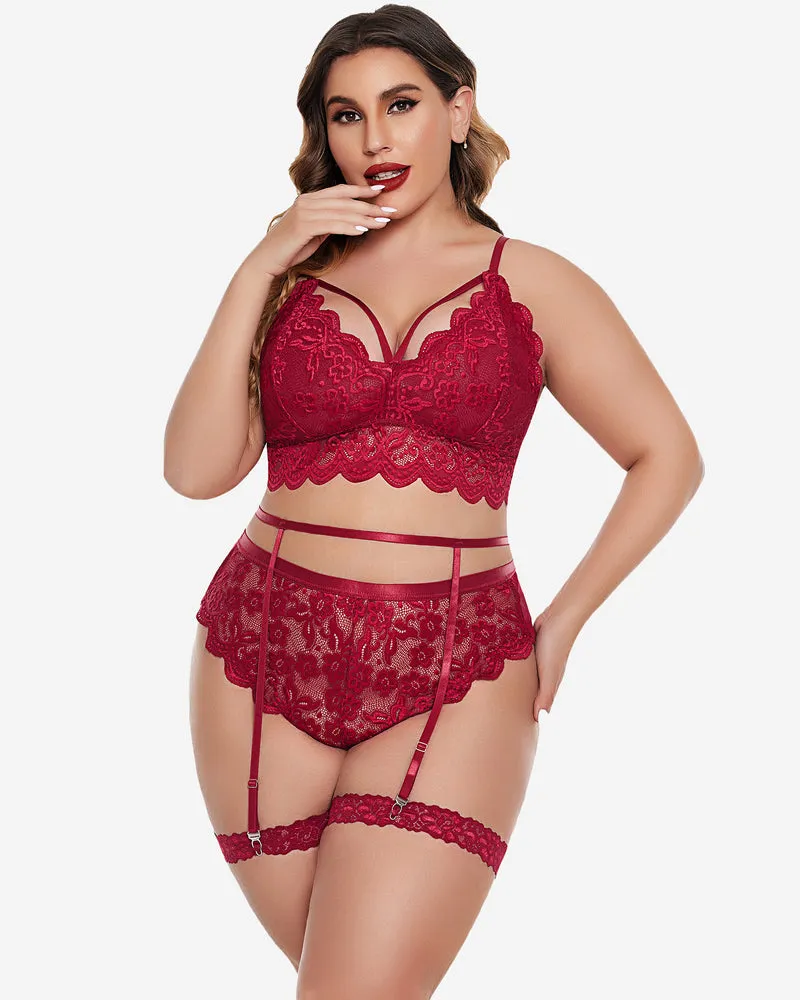 Plus Size Lace Trim Bra Panties Set