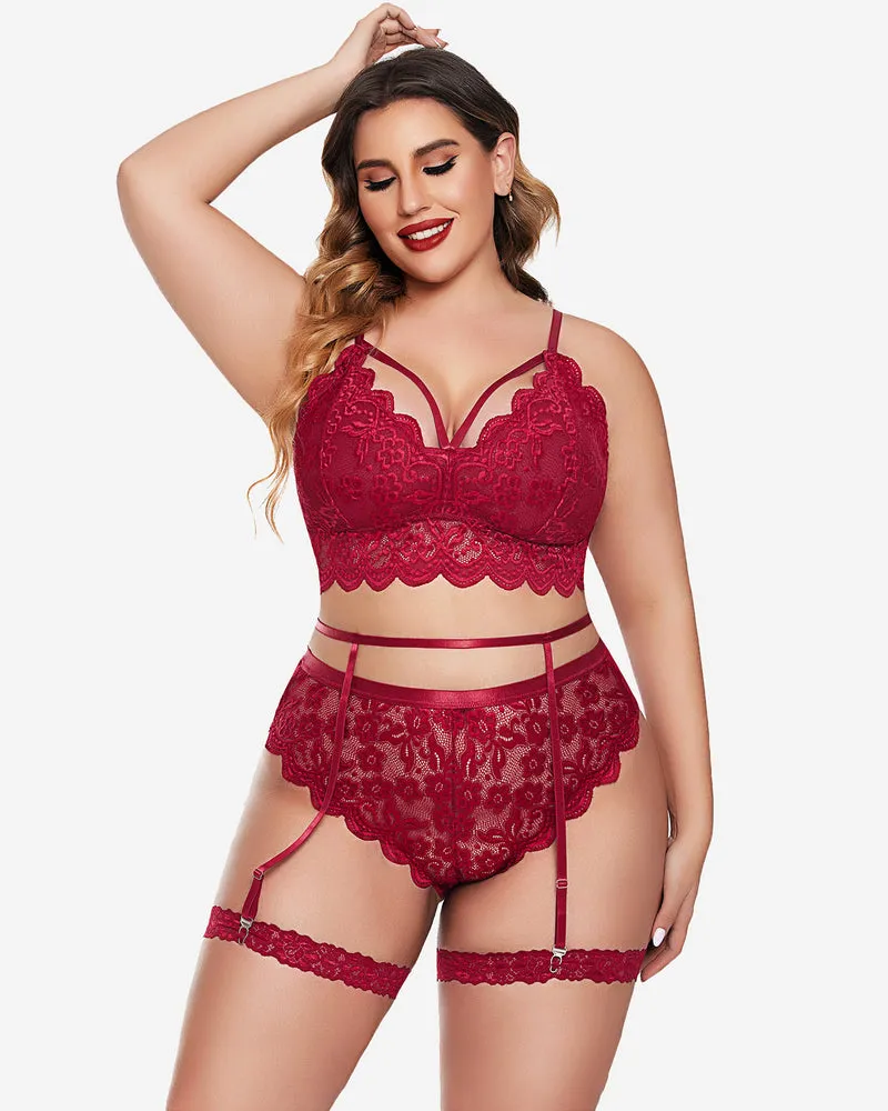 Plus Size Lace Trim Bra Panties Set