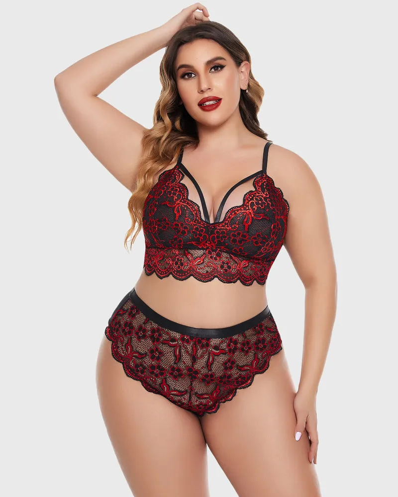 Plus Size Lace Trim Bra Panties Set