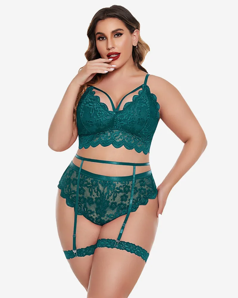 Plus Size Lace Trim Bra Panties Set