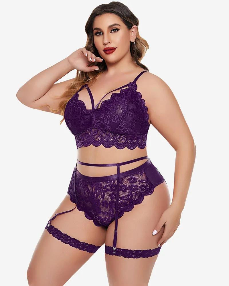 Plus Size Lace Trim Bra Panties Set