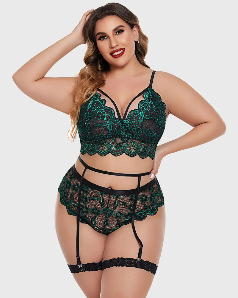 Plus Size Lace Trim Bra Panties Set