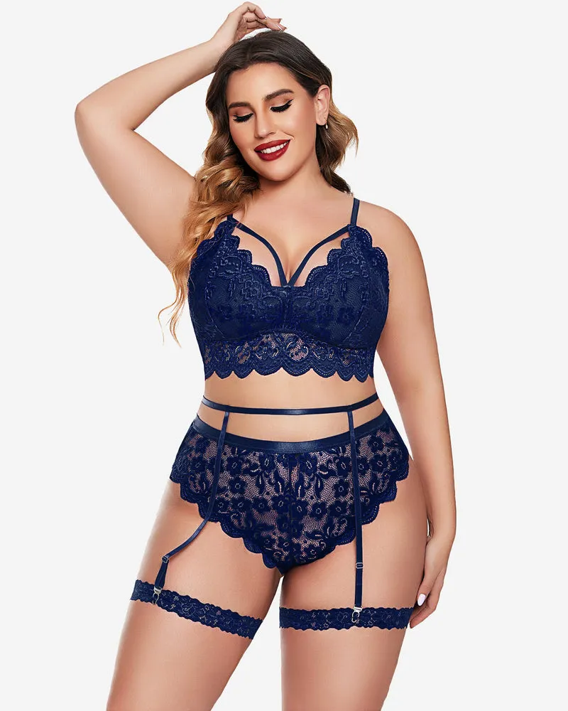 Plus Size Lace Trim Bra Panties Set