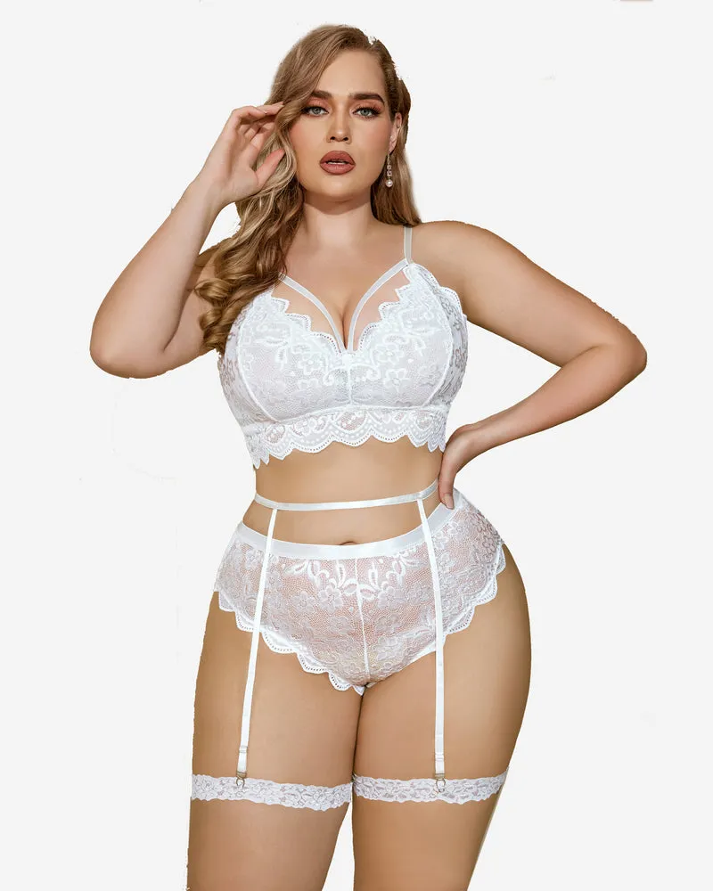 Plus Size Lace Trim Bra Panties Set