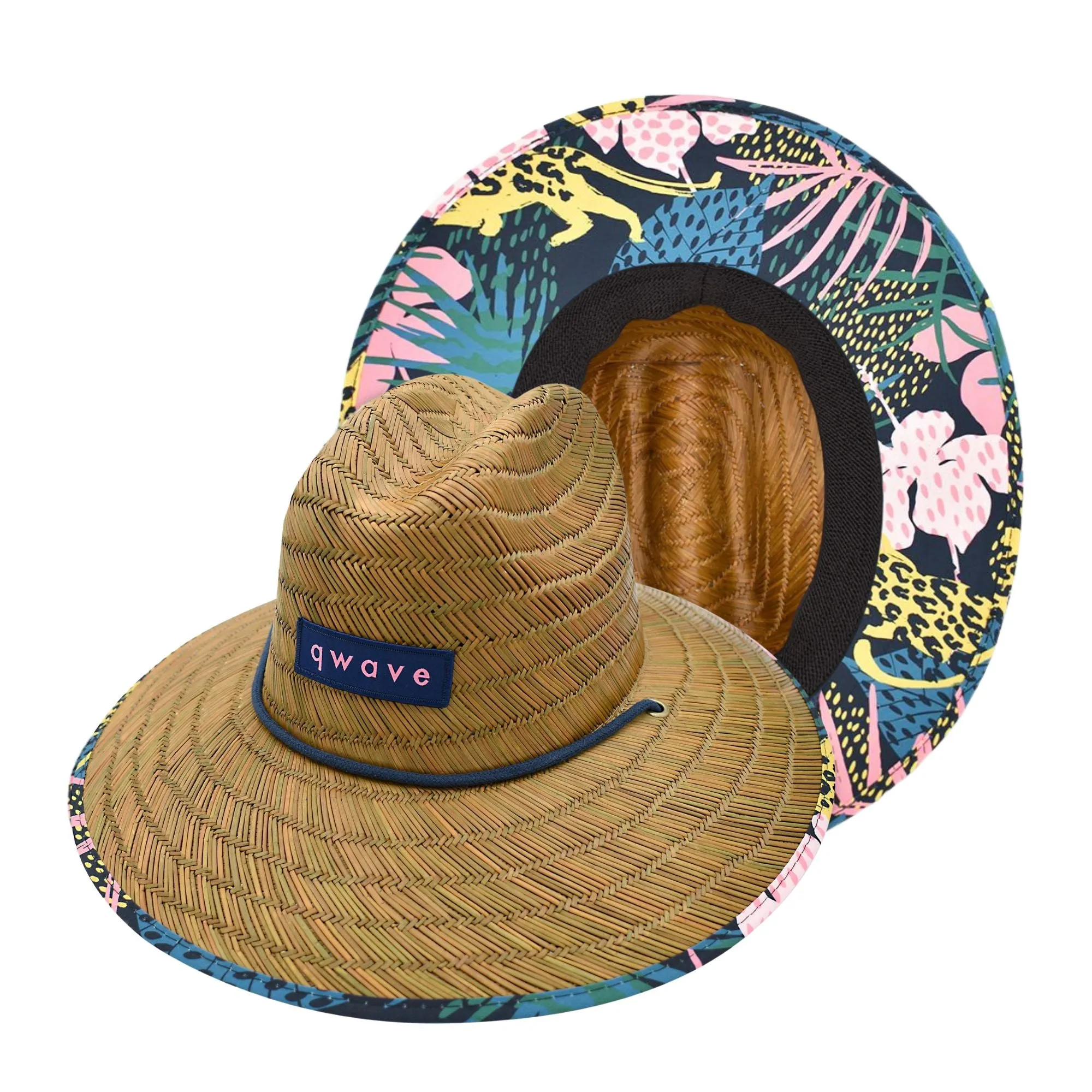 Qwave Straw Hats for Women - Stylish Tropical Print Designs, Beach Gear Sun Hats for Women, Lifeguard Hat with Sun Protection - Pink & Blue Palm Print