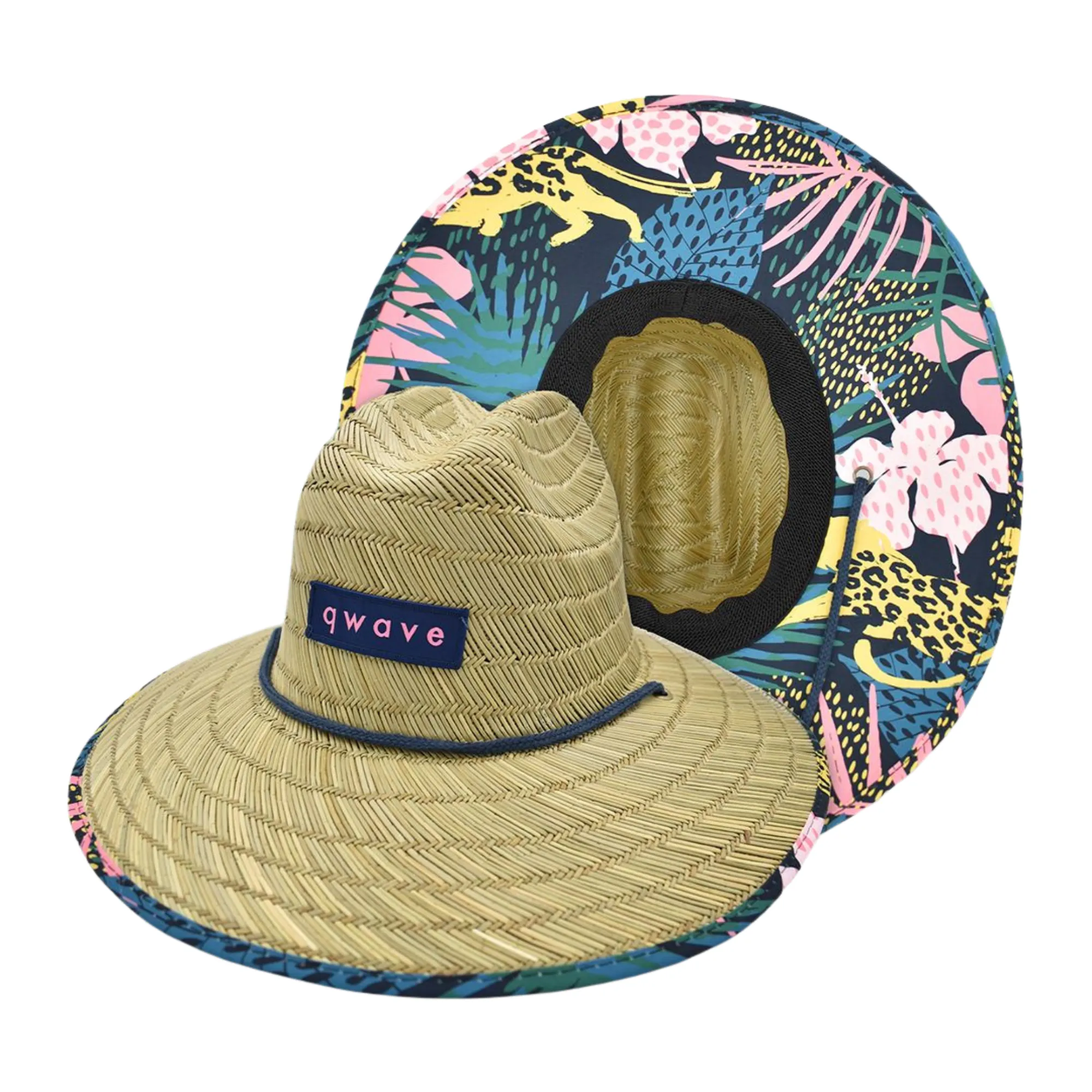 Qwave Straw Hats for Women - Stylish Tropical Print Designs, Beach Gear Sun Hats for Women, Lifeguard Hat with Sun Protection - Pink & Blue Palm Print