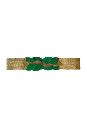 Rattan Leaves Buckle Stretch Belt - Tan & Green