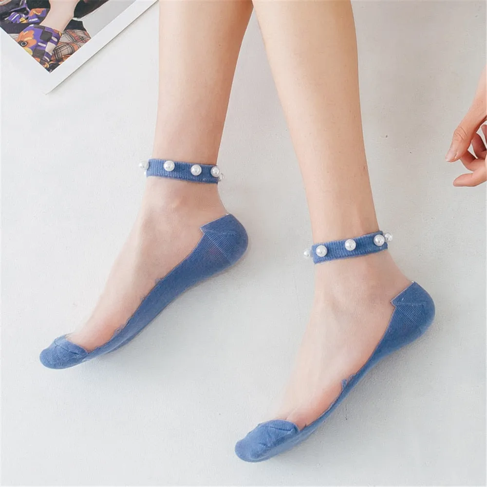 Women Thin Lace Breathable Pearl Style Design Invisible Socks