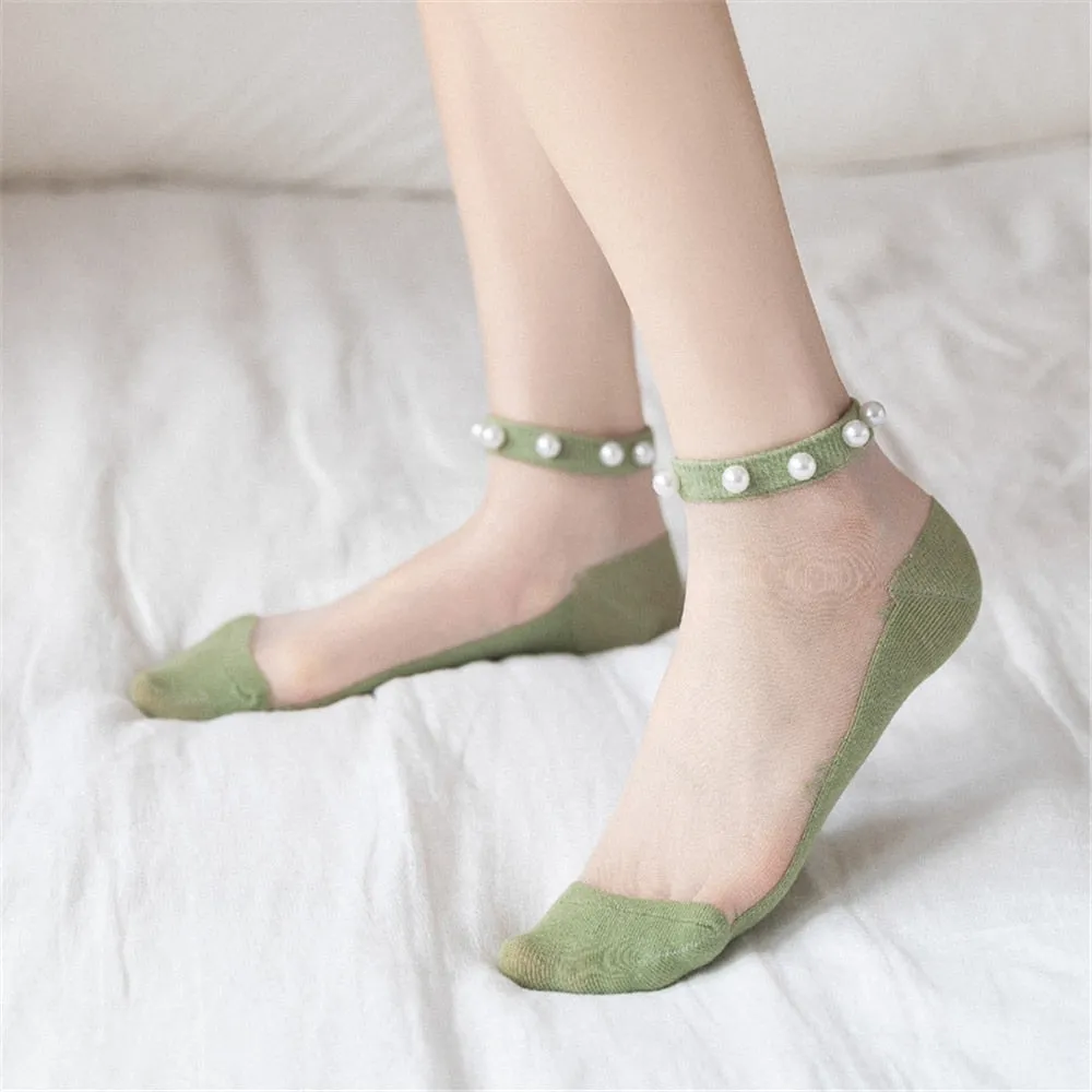 Women Thin Lace Breathable Pearl Style Design Invisible Socks